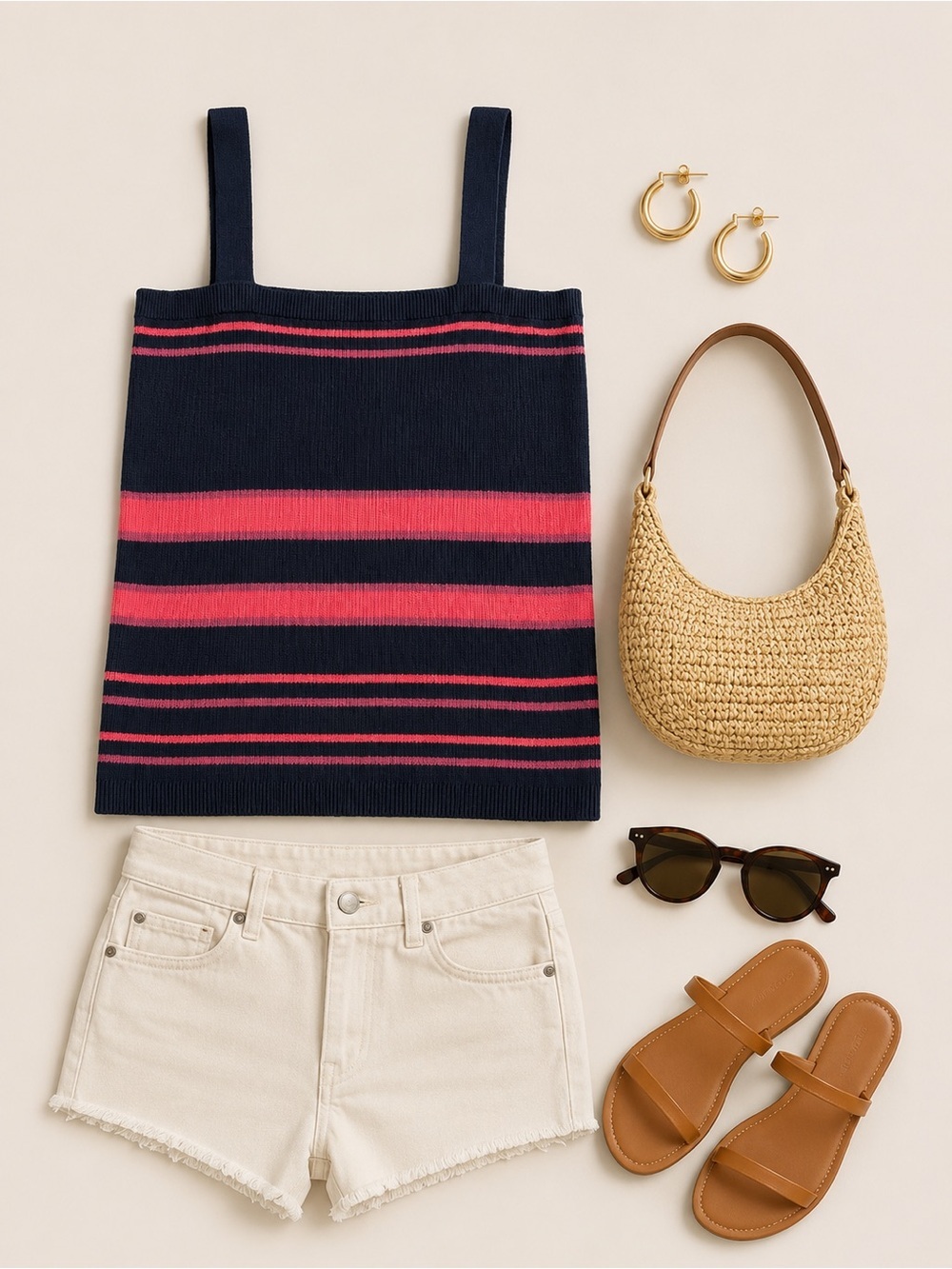 LOFT Navy Knitted Tank with Coral Pink Stripes NWT